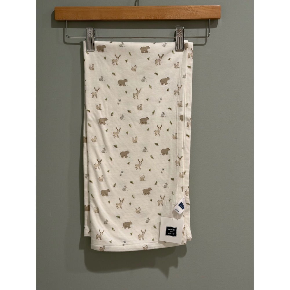 Janie and Jack Baby Blanket Woodland Animal Print Cotton Pointelle Cream